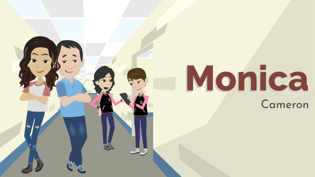 Thumbnail image for Episode 2 of Monica. Scene features (from left to right) Monica, Cameron, Jasmine, and Layla in the animal shelter hallway.
