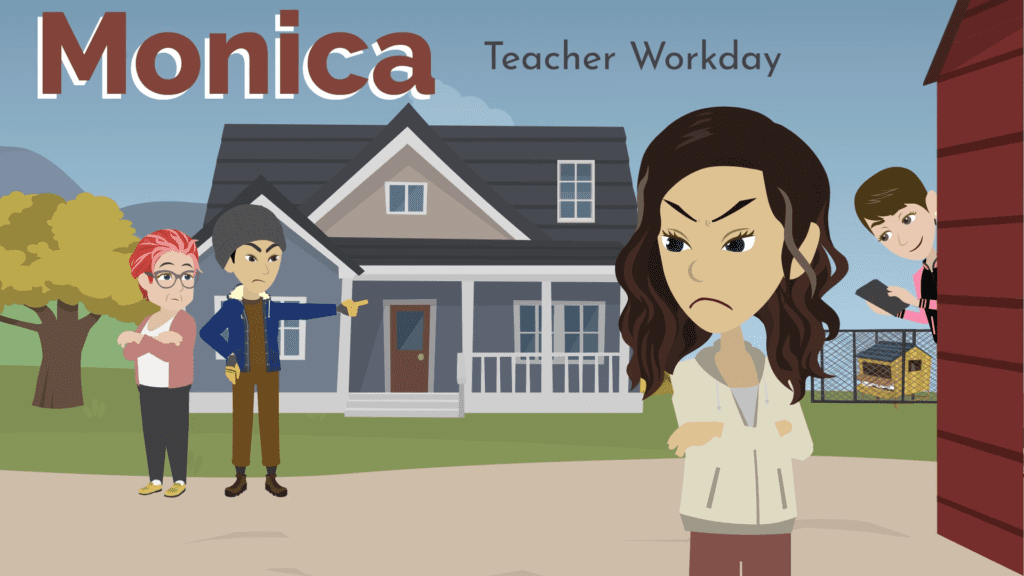 Thumbnail image for Episode 1 of Monica. Scene features (from left to right) Grandma, Dad, Monica, and Layla outside Monica's family home.