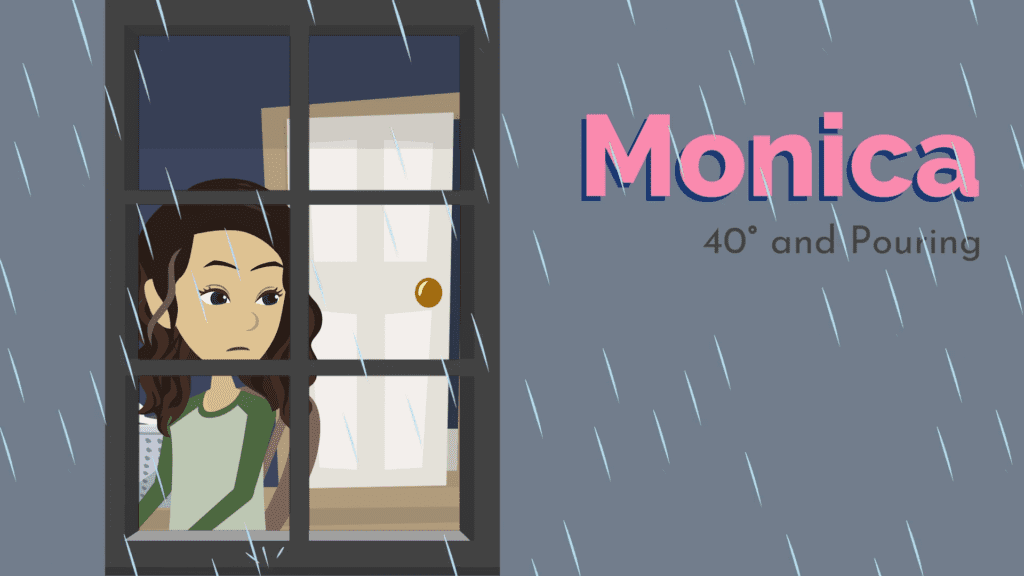 Thumbnail image for Episode 8 of Monica. Scene features Monica looking outside a window on a rainy day.
